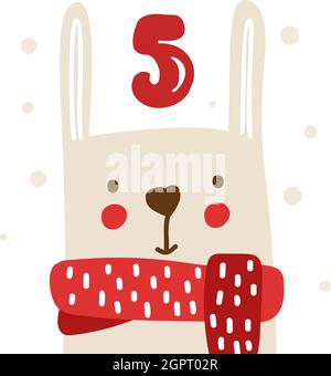 Winter Vektor Illustration von nordischem Kaninchen im Schal. Weihnachten Adventskalender fünfundzwanzig Tage vor dem Feiertag Weihnachten, fünf Tage. Nette skandinavische Hand Stock Vektor