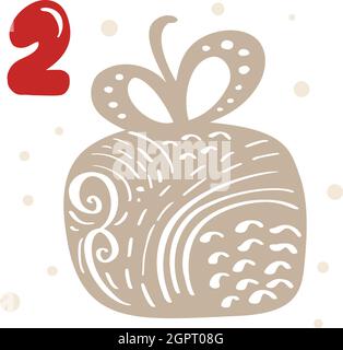 Winter Vektor Illustration der nordischen Geschenkbox. Weihnachten Adventskalender fünfundzwanzig Tage vor dem Feiertag Weihnachten, zwei Tage. Nette skandinavische Hand gezeichnet Stock Vektor