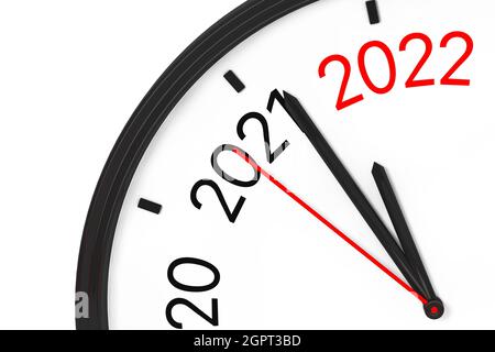 Das Jahr 2022 rückt näher. 2022 Zeichen mit Uhr auf weißem Hintergrund. 3d-Rendering Stockfoto