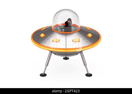 Niedliche Raumschiff Cartoon UFO auf weißem Hintergrund. 3d-Rendering Stockfoto