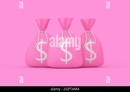 Rosa gebundene Rustikale Leinwandgeldsäcke oder Geldbeutel mit Dollar-Zeichen auf einem rosa Hintergrund. 3d-Rendering Stockfoto