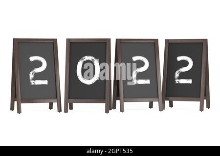 Holzmenü Tafel Outdoor-Displays mit 2022-Jahres-Zeichen auf weißem Hintergrund. 3d-Rendering Stockfoto