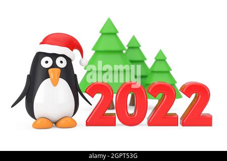 Grüne Bäume und Cartoon Pinguin Charakter mit Weihnachtsmütze in der Nähe 2022 Neujahr Zeichen auf einem weißen Hintergrund. 3d-Rendering Stockfoto
