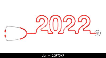 Rote Stethoskop-Schläuche bilden neues 2022-Jahres-Zeichen auf weißem Hintergrund. 3d-Rendering Stockfoto