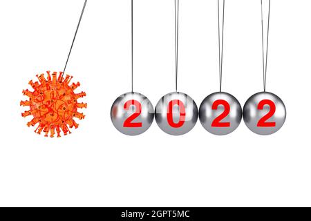 2022 Jahre Weltkrisenkonzept. Coronavirus COVID-19 Cell Attack Newtons Cradle Balancing Ball mit 2022-Jahres-Zeichen auf weißem Hintergrund. 3d-Rendering Stockfoto
