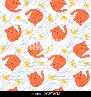 Nahtloses Muster mit lustigen Zeichentrickkatzen. Niedliche Illustration in Cartoon flachen Stil. Print für Textil, Geschenkpapier, Kinderkleidung, Kinderzimmer, Design Stock Vektor