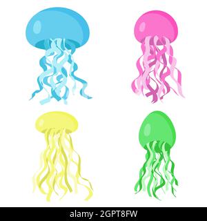 Set von niedlichen bunten Quallen, Vektor-Illustration. Unterwasser-Tier, schwimmende Meereslebewesen. Cartoon und flache Illustration. Meer und Stock Vektor
