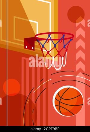 Basketball-Poster mit Backboard und Ball. Sport-Plakatmuster in flacher Form. Stock Vektor