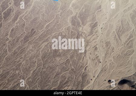 Luftaufnahme einer Wüste in der Nähe von Nazca, Peru. Stockfoto