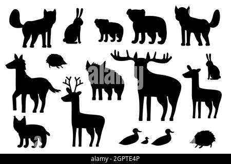 Set von schwarzen Silhouette Waldtiere. Cartoon isoliert Vektor Fuchs, Wolf, Bär, Bärenjunge, Elchhirsch, Damhirsch Igel, Hase, Ente, Ente, Ente, Luchs Stock Vektor