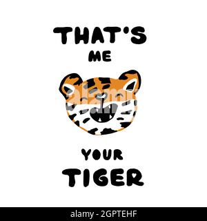 Niedlicher Tiger mit offenem Mund und Textkonzept. Das bin ich, dein Tiger handgezeichneter Text für Kinder. Stock Vektor