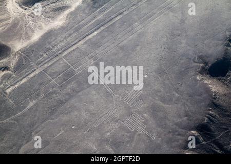 Luftaufnahme der Geoglyphen in der Nähe von Nazca - berühmten Linien von Nasca, Peru. In der Mitte ist Kolibri Abbildung vorhanden Stockfoto