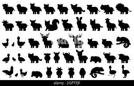 Großes Paket von Silhouette häuslichen, Bauernhof Wald wilde Tiere, Vögel. Schwarz weiß Vektor Illustration der Sammlung von Comic-Figuren isoliert auf Stock Vektor