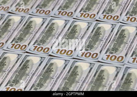 Banknoten viele Hintergrundtextur Nahaufnahme Geld Dollar aus verschiedenen Blickwinkeln Stockfoto