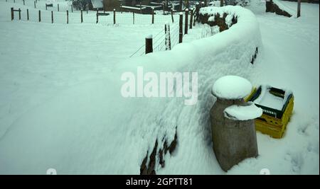 Eine Milchkanne und eine Lieferung nach Hause werden im Februar in Kisten verpackt, da Schneefall den Eingang zum Yorkshire Moorland-Kleinbetrieb blockiert Stockfoto