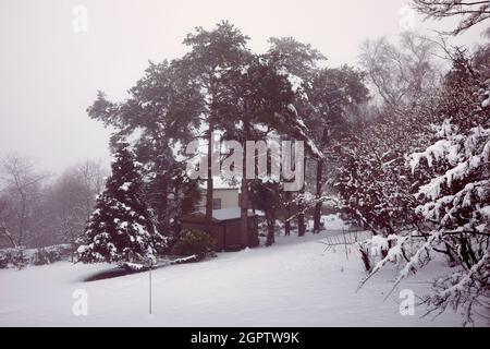 Traditionelle kleine Hütte in Schnee und Nebel Stockfoto