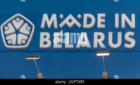 Novi Sad, Serbien - 18. September 2021: Big Sign made in Belarus at Agriculture Expo Fair. Stockfoto