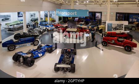 Historische Rennwagen im British Motor Museum, Gaydon, Warwickshire, Großbritannien Stockfoto