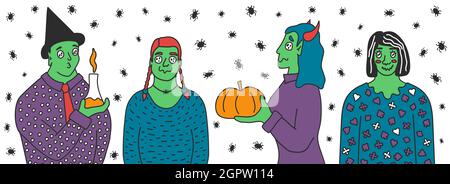 Set von Green Skin Zauberer Menschen mit Kürbissen, Flasche mit Substanz. Vektor-Illustration von Zombies in Kostümen mit seltsamen Augen. Stock Vektor