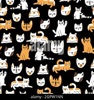 Niedliche Spaß nahtlose Muster von Katzen oder Kätzchen auf schwarzem Hintergrund. Vektor-Illustration von Haustieren, Haustieren. Kann für Kinderbücher oder als Prin verwendet werden Stock Vektor