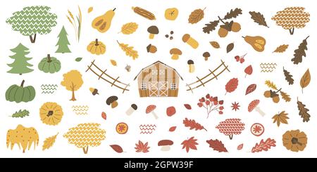 Bauernhof Wald isoliert Herbst Elemente gesetzt. Scheune Eichel boletus, Fliegenpilz, Viburnum, Blätter Ahorn, Eichen Mais Kürbisnüsse Kastanien Äpfel Orangen Stock Vektor