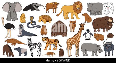 Niedliche Vektor isoliert Tiere großen Satz. Elefant Orang-Utan-Affen Löwe Tiger, Giraffe, Nilpferd Nashorn, Tapir, Zebrabär, wombat Schlange, Pinguin, ostri Stock Vektor