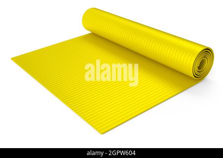 Gelbe Yogamatte oder leichte Schaumstoff-Campingbett-Rollauflage isoliert auf weißem Hintergrund. 3d-Rendering von Sportgeräten für Fitness, Yoga und Active wo Stockfoto