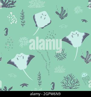 Cartoon niedlich Stachelrochen, Korallen, Algen, Seepferd, Blasen nahtloses Muster. Vektor Meer Ozean Unterwasser Illustration, grüner Hintergrund Stock Vektor