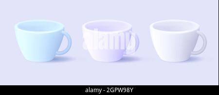 Set leerer Kaffee- oder Teetassen im 3d-Renderstil, helle Farben Stock Vektor