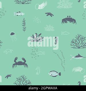 Cartoon niedliche Quallen, Fische, Korallenalgen, Krabben, Seepferd nahtlose Muster auf aquamarin Hintergrund Stock Vektor