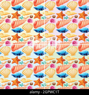 Nahtloser Hintergrund mit Muscheln und Seesternen Stock Vektor