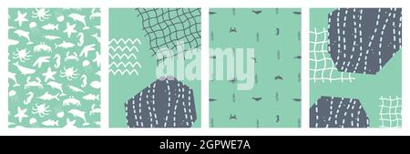 Set von abstrakten Meer Poster mit Cartoon Silhouette Fisch, Kraken, Krabben, Stachelrochen, Wal, Seesterne, Algen, Wasserpflanzen. Vektorgrafik b Stock Vektor