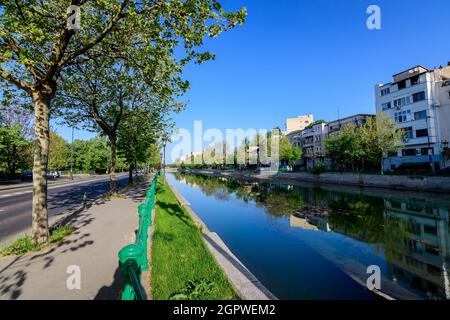 Landschaft mit großen grünen alten Bäumen in der Nähe des Flusses Dambovita und klarem blauen Himmel im Zentrum von Bukarest, Rumänien, an einem sonnigen Frühlingstag Stockfoto