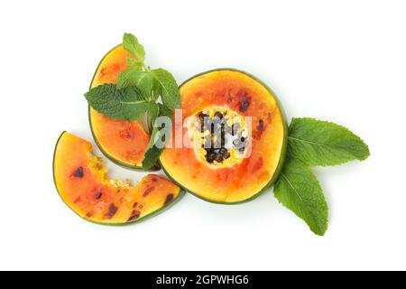 Leckere gegrillte Papaya isoliert auf weißem Hintergrund. Stockfoto