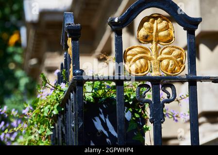 Schwarz und golden schmiedeeisernen Zaun Detail Stockfoto