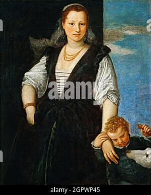 Porträt einer Frau mit Kind und Hund (Isabella Guerrieri Gonzaga Canossa), 1547-1548. Gefunden in der Sammlung des Musée &#xe9;e du Louvre, Paris. Stockfoto
