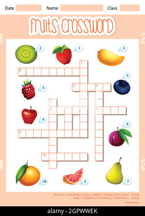 Eine Kreuzworträtsel-Vorlage für Früchte Stock Vektor