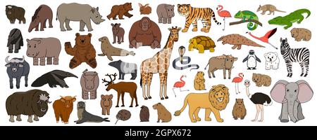 Satz von Cartoon isoliert skizzieren Savannah afroamerikanischen Waldtiere. Vektor Tiger Löwe Nashorn Büffel Zebra Elefant Giraffe Krokodil Tapir Stock Vektor
