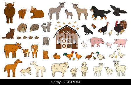 Set von niedlichen Cartoon Doodle Nutztiere. Vektor Sammlung von Esel Gänse Kuh Stier Schwein Schwein Huhn Hahn Ziege Schaf Ente Pferd truthahn Katze Hund h Stock Vektor
