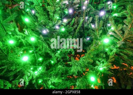 Grüner Hintergrund von Weihnachtsbaum Dekorationen mit bunten Lichtern - Feiertage Xmas Konzept mit übertroppten Komposition Stockfoto