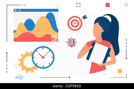 Geschäftsfrau arbeitet mit Welle digitale Grafik in abstrakten Dashboard Vektor-Illustration. Cartoon-Technologie zur Analyse statistischer Daten isoliert auf Weiß Stock Vektor