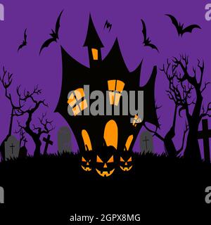 Halloween Nacht Hintergrund, Kürbisse, Fledermaus, Baum, Mond und dunkle Burg. Happy Halloween Banner oder Party Einladung Hintergrund Vektor Illustration. Stock Vektor
