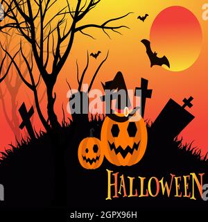 Halloween Nacht Hintergrund, Kürbisse, Fledermaus, Baum, Mond und dunkle Burg. Happy Halloween Banner oder Party Einladung Hintergrund Vektor Illustration. Stock Vektor