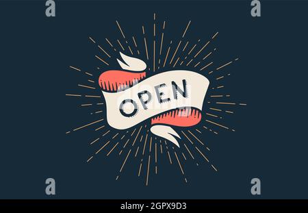 Bannerband Geöffnet. Farbenfrohes Band-Banner mit Text, Phrase Open. Isoliertes vintage alte Schule Silhouette Band mit Text Öffnen, Schild für Bar, Café, Shop oder Geschäft. Vektorgrafik Stock Vektor