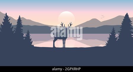 Rentiere am See bei Sonnenaufgang Wildtiere Natur Landschaft Stock Vektor