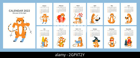 Vertikaler Kalender 2022 mit Tiger. Chinesisches Horoskop. Frohes Neues Jahr 2022. Set mit 12 monatlichen Seiten und Einband mit isolierten Vektorgrafiken von Stock Vektor