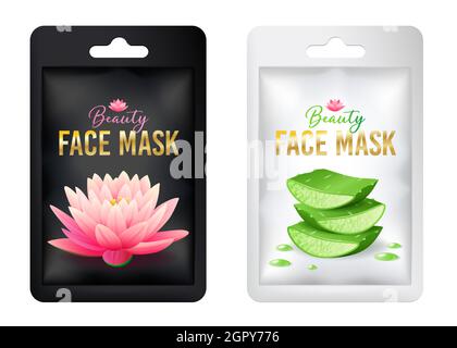 Weiß und Schwarz kosmetische Gesichtsmaske individuelles Paket mock up mit Pink Lotus Stock Vektor