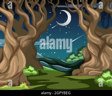 Dunkler Wald mit einigen großen Bäumen in der Nachtszene Stock Vektor