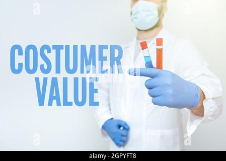Textunterschrift mit dem Wert des Kunden. Geschäftsansatz Menge der Vorteile, die Kunden durch den Kauf von Produkten erhalten Research Scientist Vergleichen Stockfoto