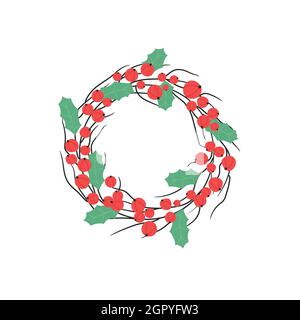 Weihnachtskranz mit roten Beeren, Ästen und Stechpalmblättern isolierte Vektorgrafik. Festliche Dekoration für das neue Jahr Stock Vektor